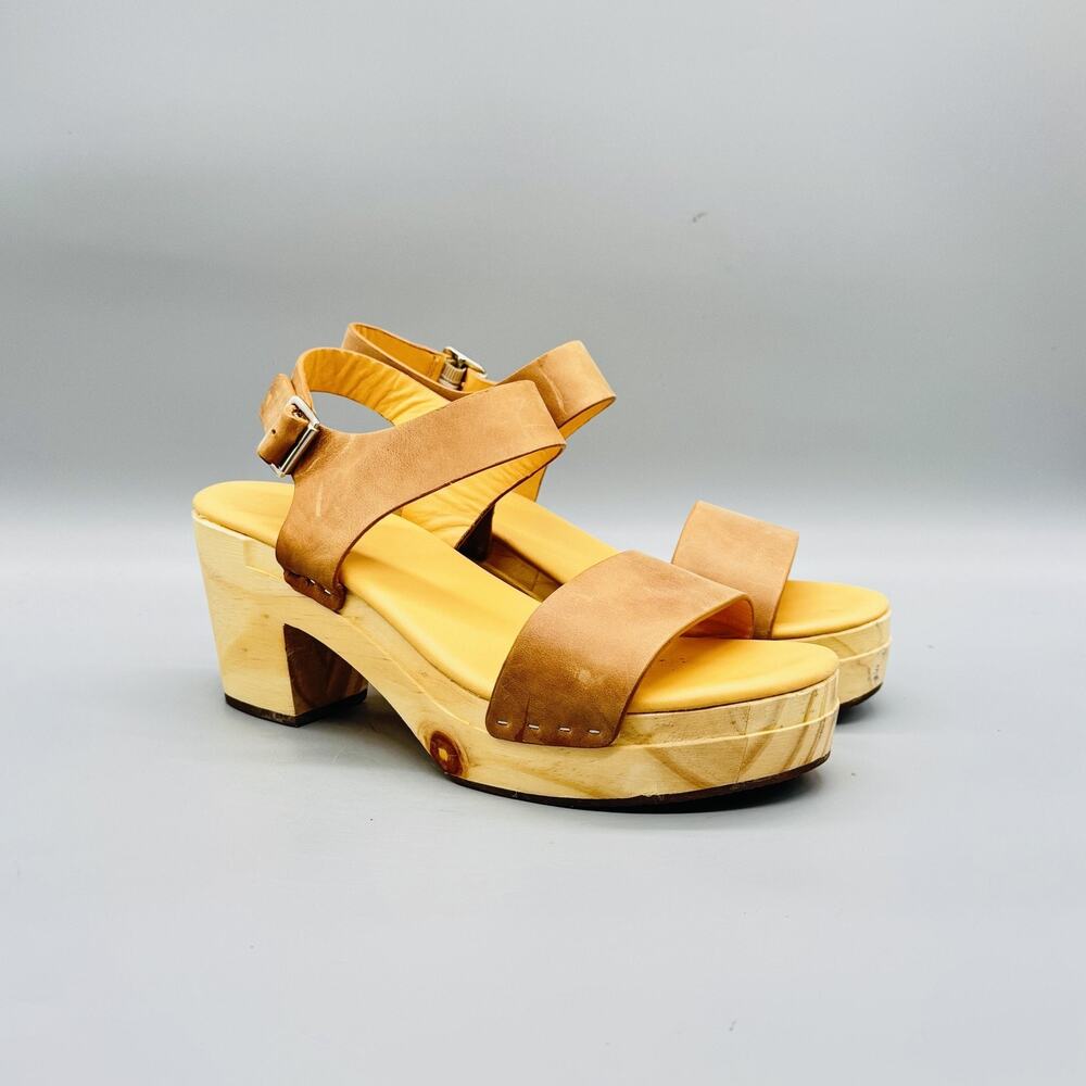 Nisolo Sandals Womens 8 Brown Leather Slingback Wooden Platform Block Heel Shoes - Picture 2 of 11